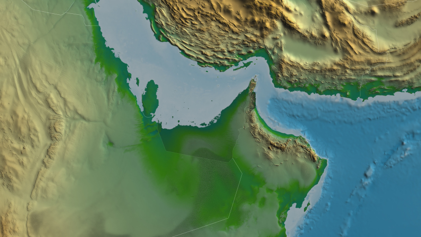 Sharjah - emirate of United Arab Emirates with its capital zoomed on the physical map of the globe