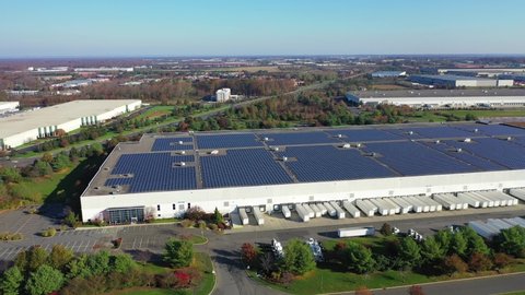 Monroe, NJ/United States - November 3, 2019: This is an aerial shot of large commercial warehouses and commercial office space located in New Jersey. 