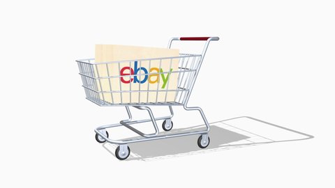 Editorial animation. The idea of the trading symbol of the eBay Corporation. The shopping cart and the cardboard packaging with the logo of the online store eBay. Animation 3d icons.