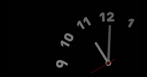 Timelapse or time lapse of clock on black background and movement of clock hands. Royalty high-quality 4k stock video footage time lapse clock with three arrow white hands moving too fast to 12 hours