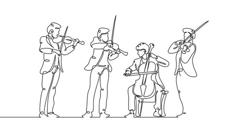 Self drawing simple animation of single continuous one line drawing classical musical string quartet, violin, viola, cello. Drawing by hand, black lines on a white background.