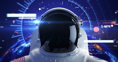 Futuristic Astronaut Wearing Helmet In Infinite Space. Computer Codes Around. Planet Earth Is Orbiting On Background. Technology Related 4K CG Animation.