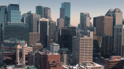 Aerial: Establishing shot of the Calgary city skyline. Calgary, Alberta, Canada. 1 April 2019 