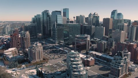 Aerial: Establishing shot of the Calgary city skyline. Calgary, Alberta, Canada. 