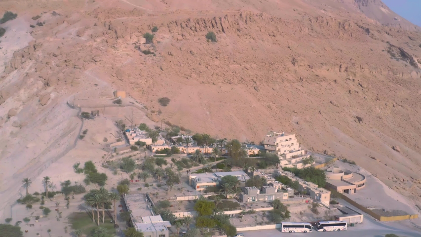 Nahl David, Kibbutz Ein Gedi in Israel, 4k aerial drone view