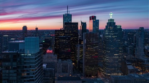 Toronto, Ontario, Canada
November 15, 2019
4K Timelapse Sequence of Toronto, Canada - Downtown Toronto from Day to Night as seen from the top of a skyscraper