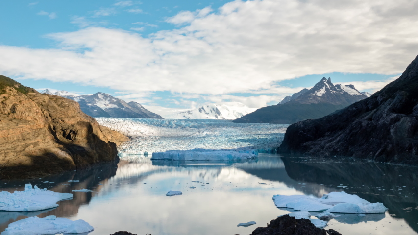 4K Timelapse Sequence of Torres del Paine, Chile - The Grey Glacier and the lake in the Park during the day
