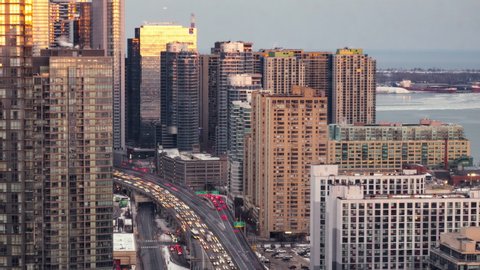 4K Timelapse Sequence of Toronto, Canada - The Gardiner Expressway at Sunset
