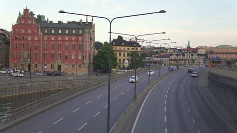 STOCKHOLM, SWEDEN - CIRCA 2019: Car traffic on Centralbron bridge. It is one of the most important traffic routes in central Stockholm.