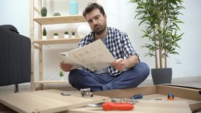 Video about stressed man and do it yourself furniture assembly problem