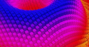 Abstract bright colorful 4K 3D render animated texture of wave of bricks changing colors due to its height. Seamless loop motion graphics background with blue, purple, red and yellow blocks.