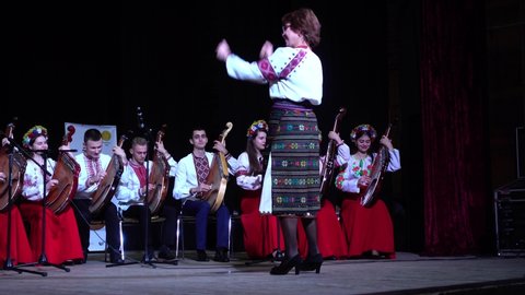 LVIV, UKRAINE - NOVEMBER 10, 2019: Lviv Bandur Fest 2019. Performances of folk bands using the musical instrument bandura.