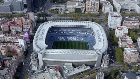NOVEMBER 3, 2019, Madrid, Spain : The Santiago Bernabéu aerial view football stadium in Madrid, Spain. Home ground of Real Madrid Football Club. It is one of the world's most famous football venues.