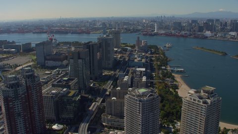 Tokyo, Japan circa-2018. Aerial view of Odaiba Beach in Tokyo, Japan. Shot from helicopter with RED camera.