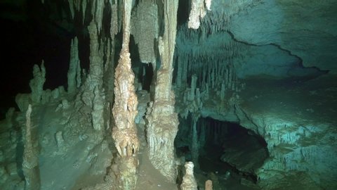 Cave diving in underwater caves of Yucatan Mexico cenotes. Divers in clean and clear underground water.