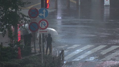 TOKYO, JAPAN - 12 OCTOBER 2019 : Powerful Typhoon Hagibis made landfall. Heaviest rain and winds in 60 years. View around Shibuya scramble crossing. Government issued highest level of disaster warning
