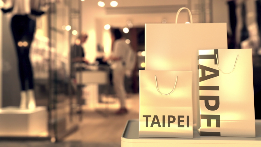 Bags with Taipei text. Shopping in Taiwan related 3D animation