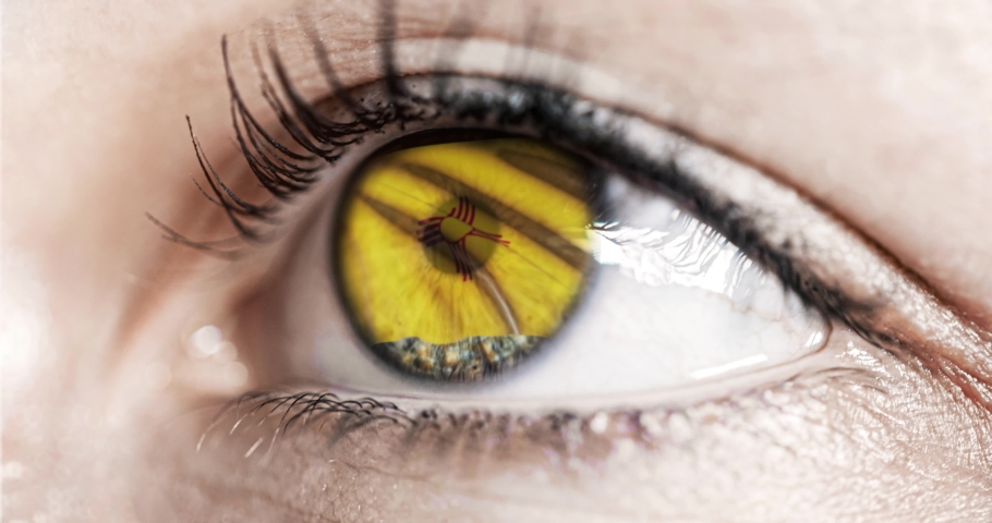 Woman green eye in close up with the flag of New Mexico state in iris, united states of america with wind motion. video concept