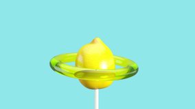 Lemon Rotate around with Yellow lollipop ring candy on blue background. 3D animation. Selective focus.