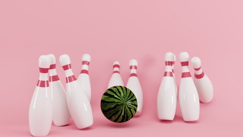 Watermelon fruit bowling concept strike bowling pin on pink background. 3D animation. Selective focus motion.