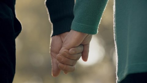 Back view of elderly couple holding hands while walking together in park . Senior couple on a walk in autumn nature. Happiness people lifestyle . Closeup of elderly couple hand . Slow motion footage 