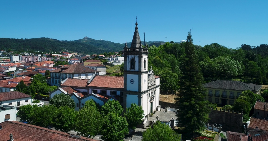 Aerial revealing view of the village of Ponte da Barca, in the Minho region of Portugal