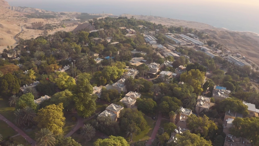 Ein Gedi kibbutz in Israel, 4k aerial drone view