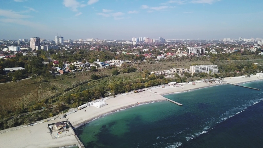 Aerial panoramic view from drone above seaside of Odessa city, Ukraine. Turquoise sea water and historical part of city. 4