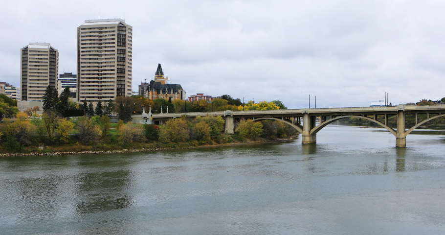 Saskatoon, Canada city center by river 4K