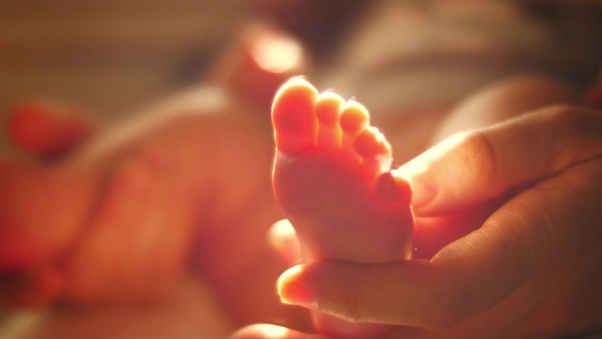 Mother's hand holding newborn baby foot in sunlight. Closeup, shallow DOF. 4K UHD. Royalty-Free Stock Footage #1041419203