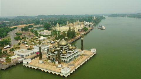 Orbiting Floating Crystal Mosque Kuala Terengganu Aerial Footage 4K UHD Drone Cinematic