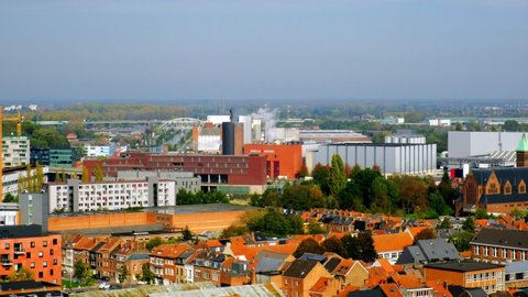 LEUVEN, Stella Artois brewery, BELGIUM - OCTOBER 30, 2019: Panoramic aerial view of the buildings of the Stella Artois brewery in Leuven. Province of Flemish Brabant, Flanders, Belgium