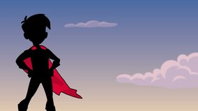 Seamless looping animation with silhouette of superhero boy wearing cape against sky background for copy space.