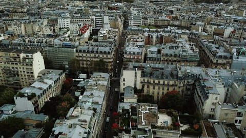 Aerial drone view Paris City Away From Eiffel tower move camera from down to top, France