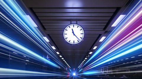 Rush hour traffic fast moving,Fast moving traffic drives time lapse clock moving fast light each subway lane effect line light cg
