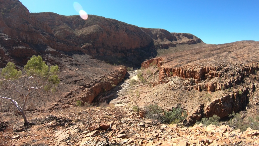 Ormiston Gorge in Northern Territory, Outback Red Center. Aerial view along Ghost Gum walk in West MacDonnell Ranges, Central Australia.