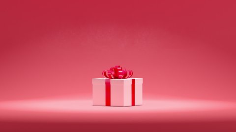 Slow motion Close up Giftbox with Red ribbon on red background. 3D Animation. Selective Focus.