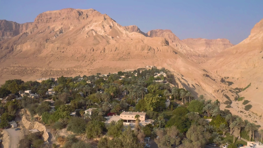 Ein Gedi kibbutz in Israel, 4k aerial drone view