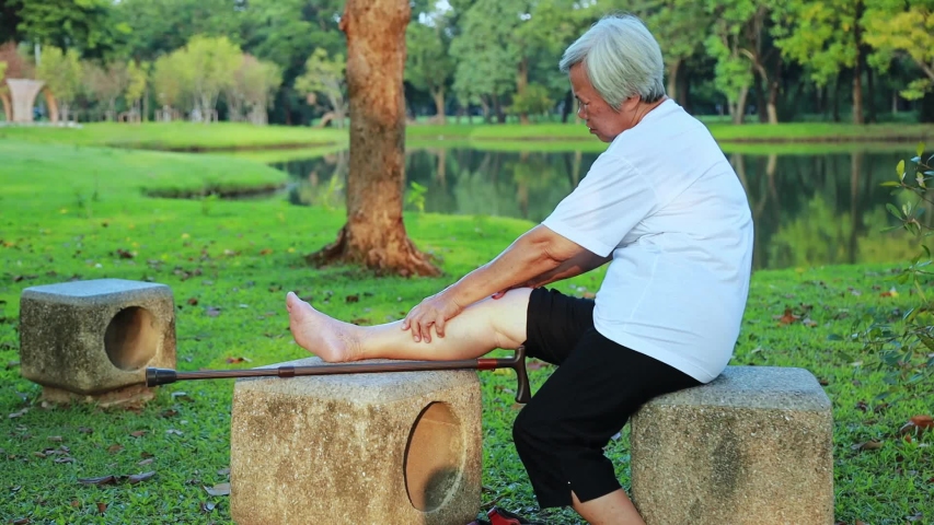 Unhappy asian senior woman with walking stick suffering from  arthritis,osteoarthritis,elderly people using hands to massage the legs,feel pain in the knee,leg injury after walking exercise in nature