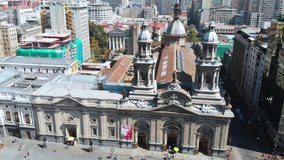 Santiago Metropolitan Cathedral, Church, Temple, Chile aerial view drone footage