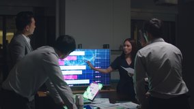 Asia businessmen and businesswomen meeting brainstorming ideas conducting business presentation project colleagues working together plan success strategy enjoy teamwork in small modern night office. - Powered by Shutterstock - Get 15% off with code: PIKWIZARD15