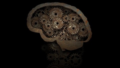 The brain comes up with a new idea. Idea is the key to success. Rusty gears spinning.