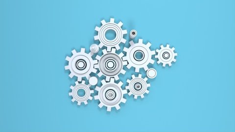 Technology concept - 3d cogs and gears animation on blue background. Slow Motion design. Seamless looping animation.