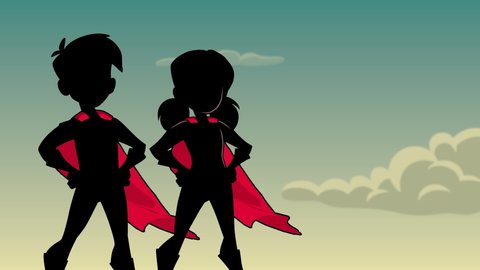 Seamless looping animation with silhouette of superhero children wearing capes against sky background for copy space.