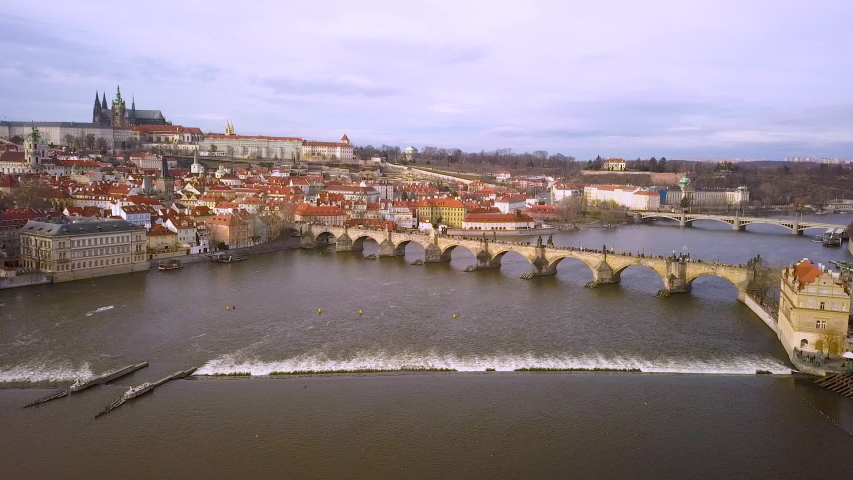Aerial drone shot of the Charles Bridge in Prague, Czech Republic