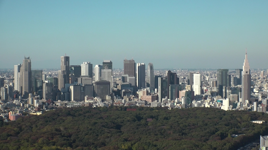 TOKYO, JAPAN - NOVEMBER 2019 : Aerial high angle view of cityscape of TOKYO in day time. View of buildings around Shinjuku, Harajuku and Yoyogi park. View from Shibuya. Royalty-Free Stock Footage #1041461434