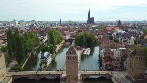 Aerial view of the cityscape of Petite France and Cathedral of Notre Dame on the background. Strasbourg, France