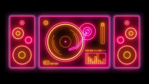 Retro Neon Vinyl Player With Loudspeakers Animated On A Black Background. Seamless Loop