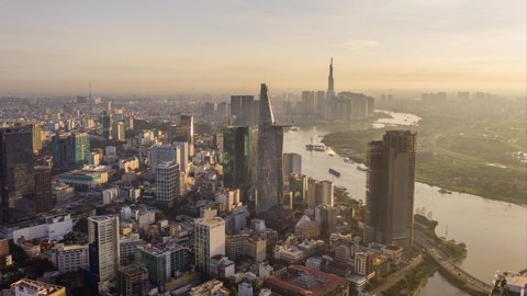 Aerial Hyperlapse of Bitexco at District 1 in Ho Chi Minh City in sunrise