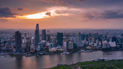 Aerial Hyperlapse of Bitexco at District 1 in Ho Chi Minh City in sunset